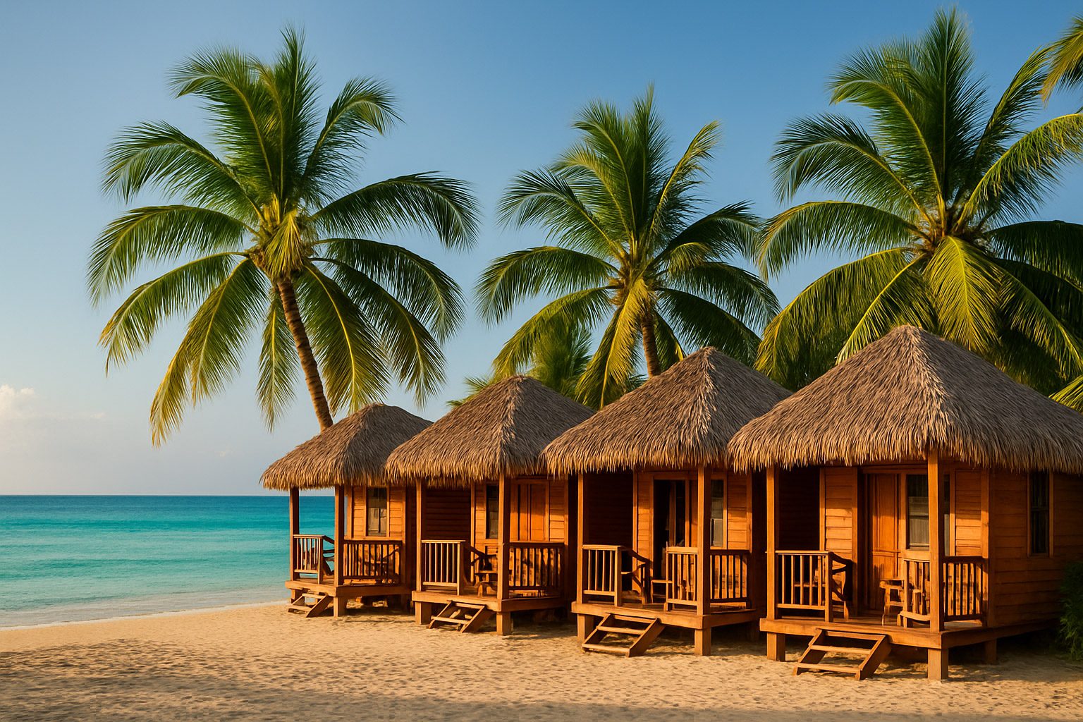 Beachfront cabanas and palm-lined shore in Roatán Bay Islands Honduras