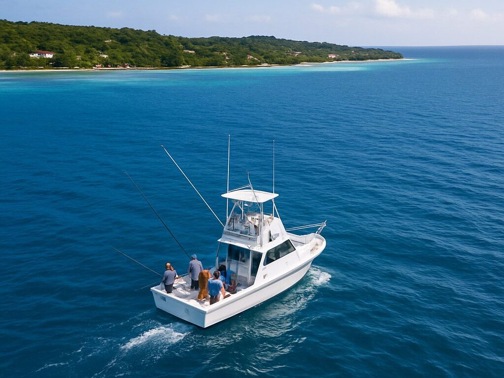 Travelers relaxing after a fishing charter with Roatán’s tropical coastline in the background