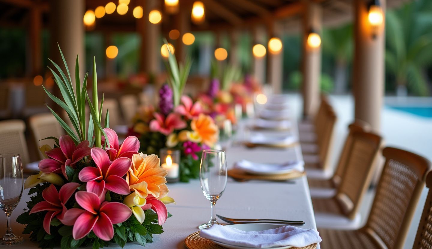 Tropical wedding bouquet and island decor in Roatán Honduras