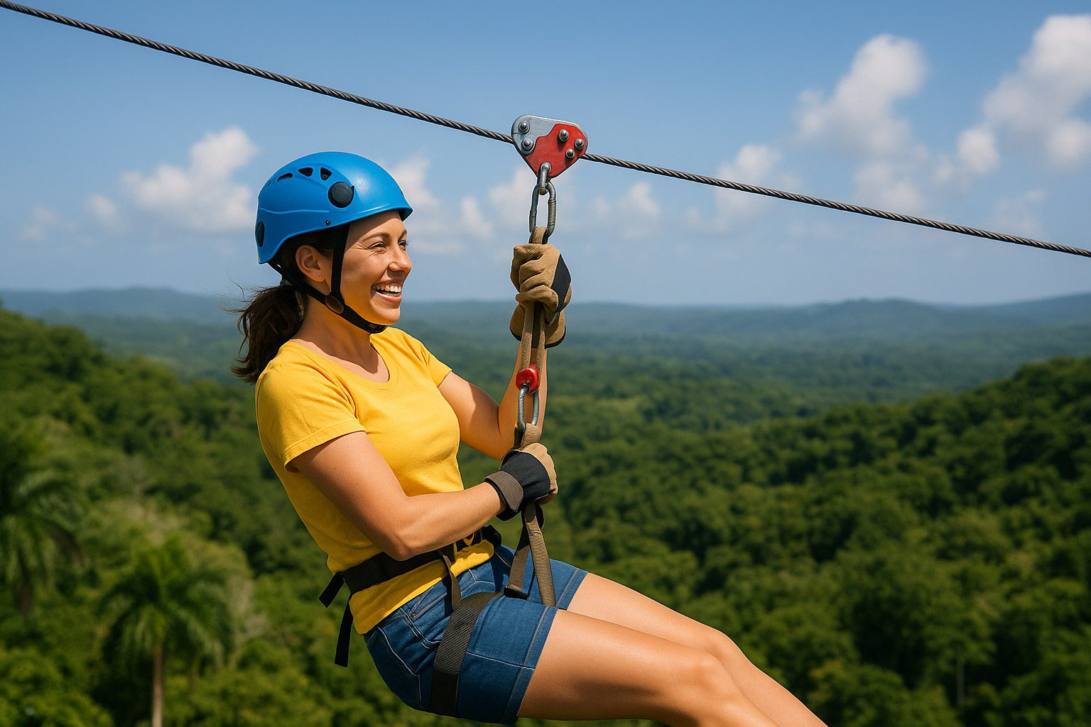 Traveler ziplining above Roatán’s tropical forest canopy