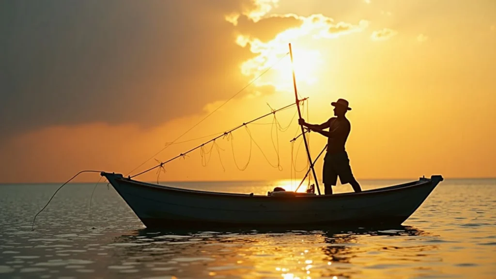 Fisherman casting nets at dawn in Roatán, Honduras