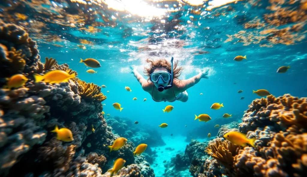 snorkeler exploring vibrant coral reef with tropical fish in clear turquoise waters of Honduras
