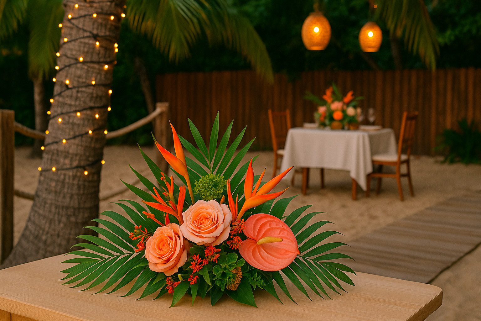 Tropical wedding bouquet and island decor in Roatán Honduras