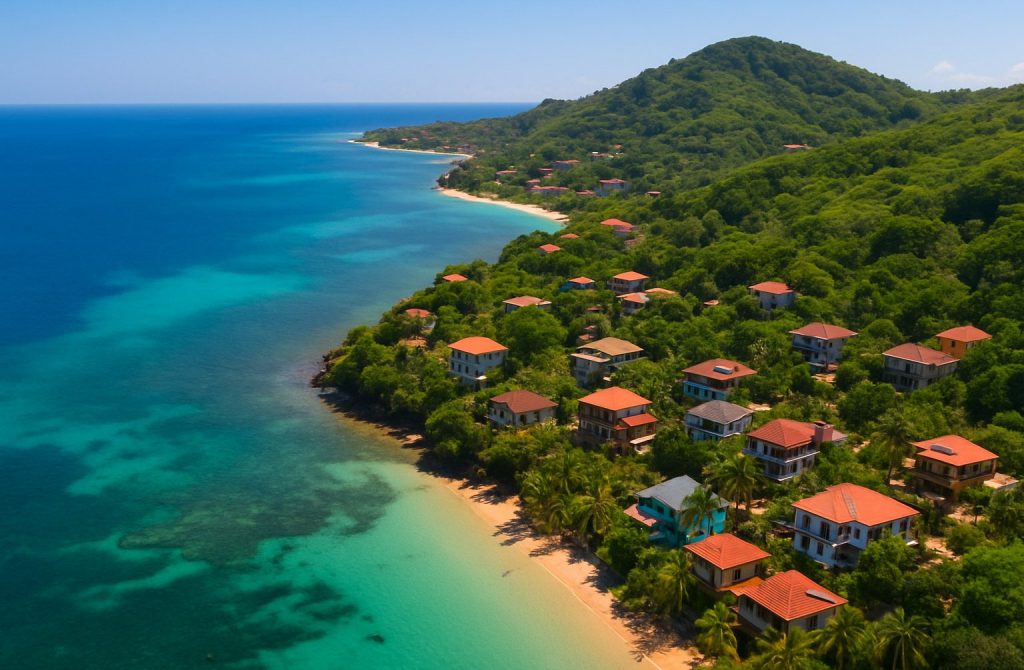 Aerial view of featured properties along the Roatán coastline in the Bay Islands, Honduras